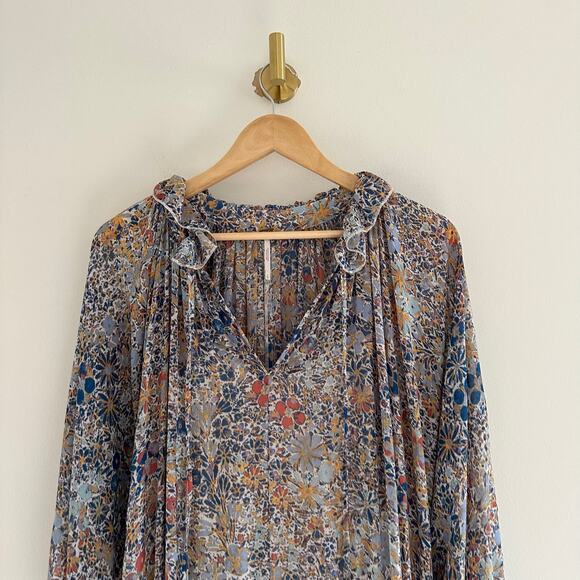 Free People Feeling Groovy Tiered Bell Sleeve Floral Casual Maxi Dress Blue S - Picture 6 of 12